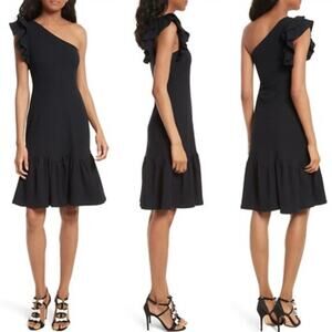 Rebecca Taylor Black One Shoulder Ribbed Knit Mini Dress Ruffle EUC Small
